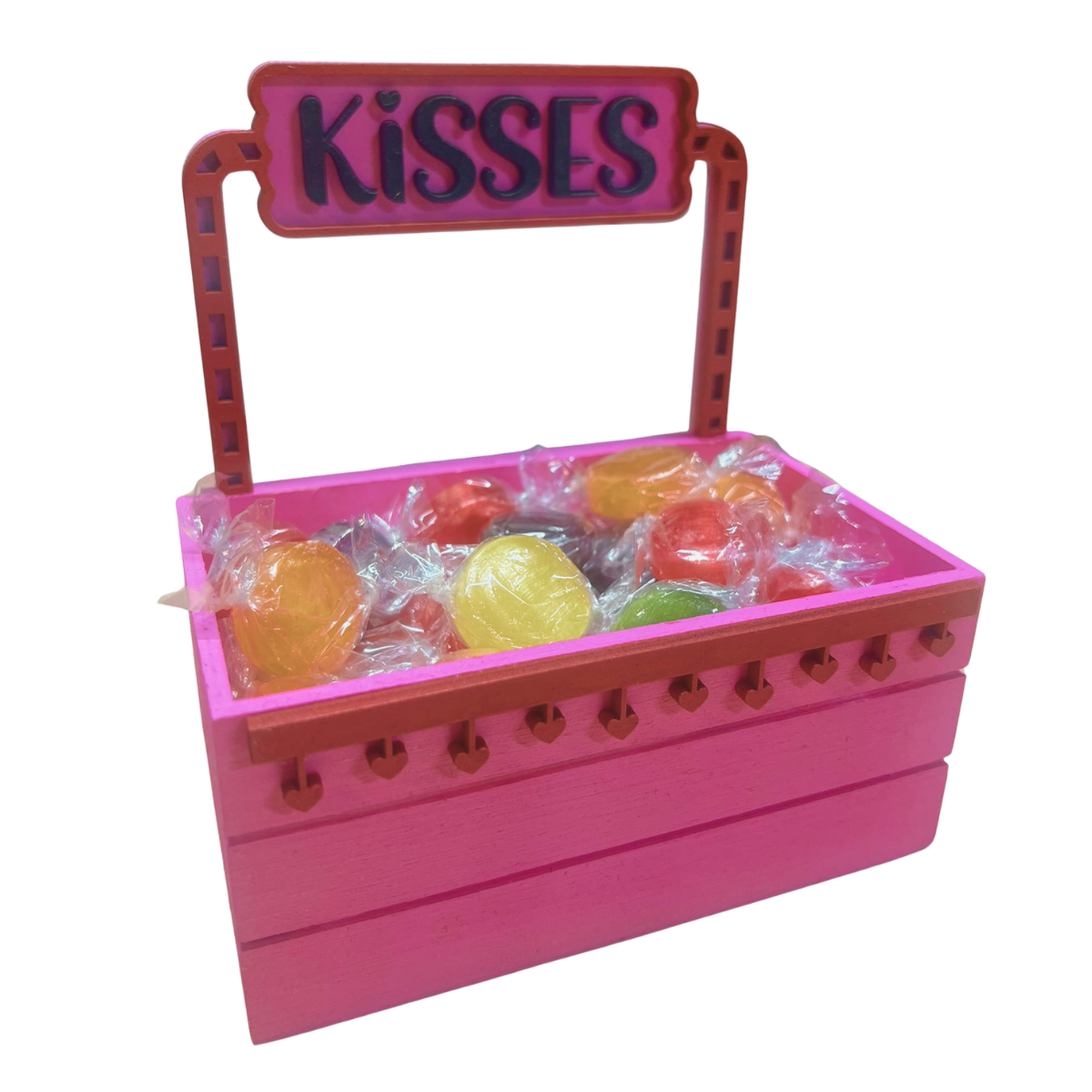 The "Sweet Kisses" Tabletop Candy Crate – Handcrafted Pink Kissing Booth Decorative Display
